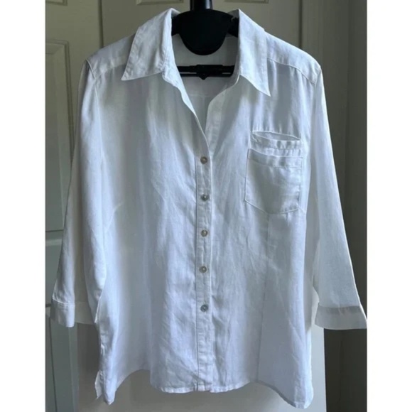 Edward White Linen Back Split Hem Double Front Chest Pocket Shirt Blouse, Size L - Picture 1 of 10